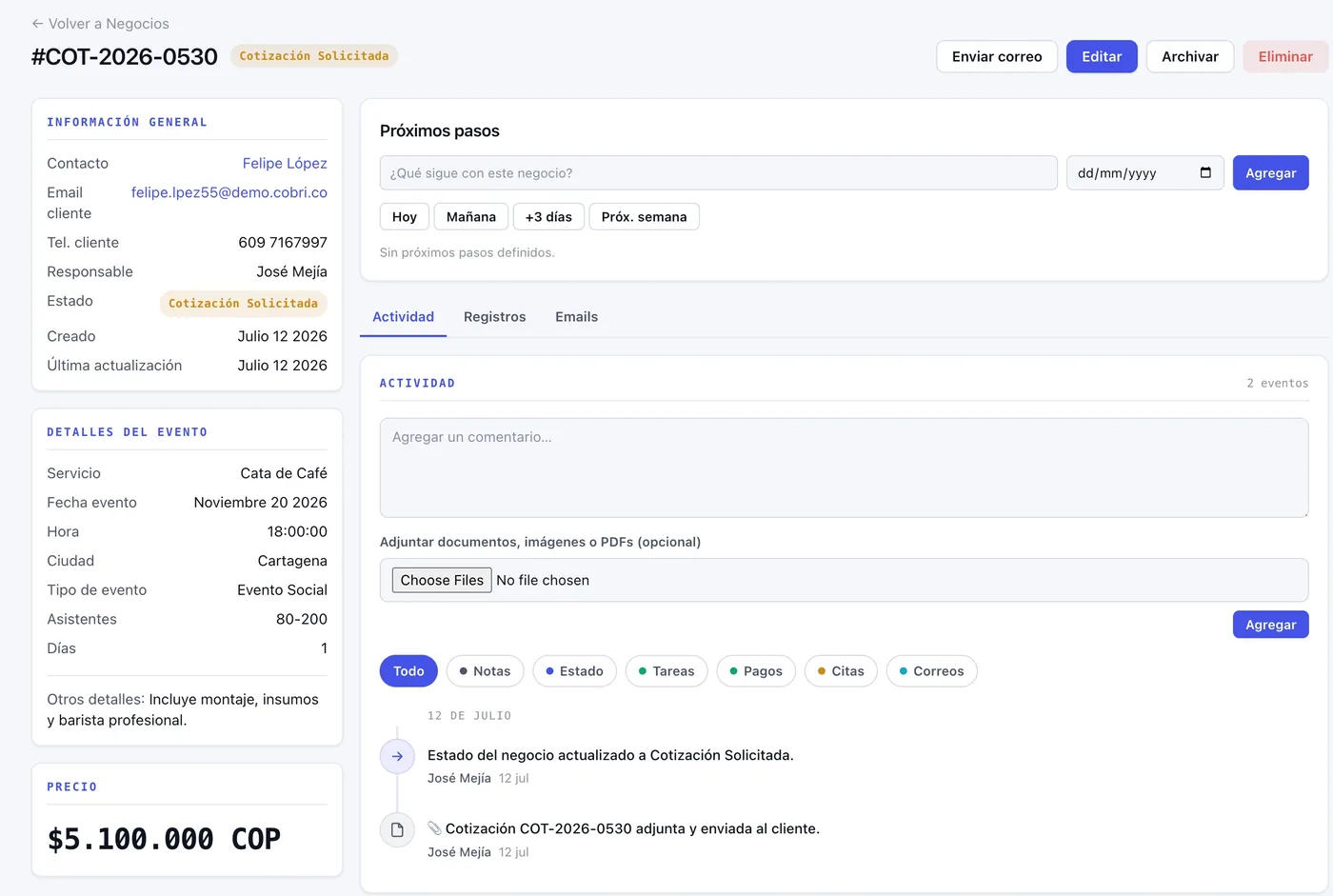 Ficha de una cotización en Cobri con detalles del evento, próximos pasos y actividad.