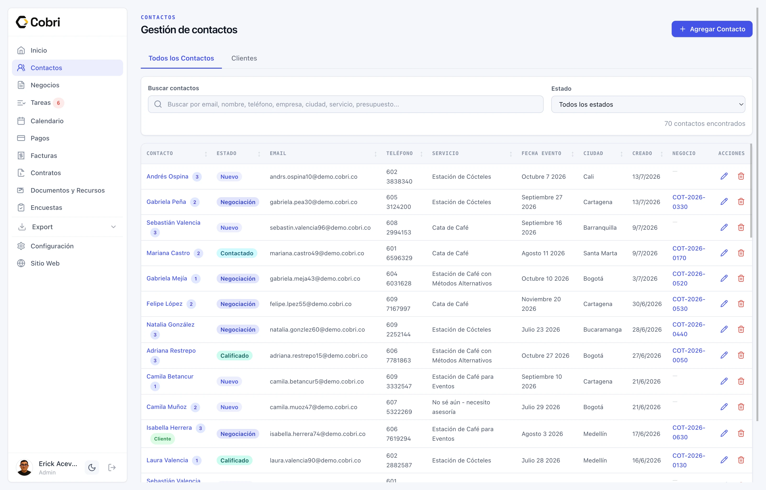 Lista de contactos y leads organizada dentro de Cobri.