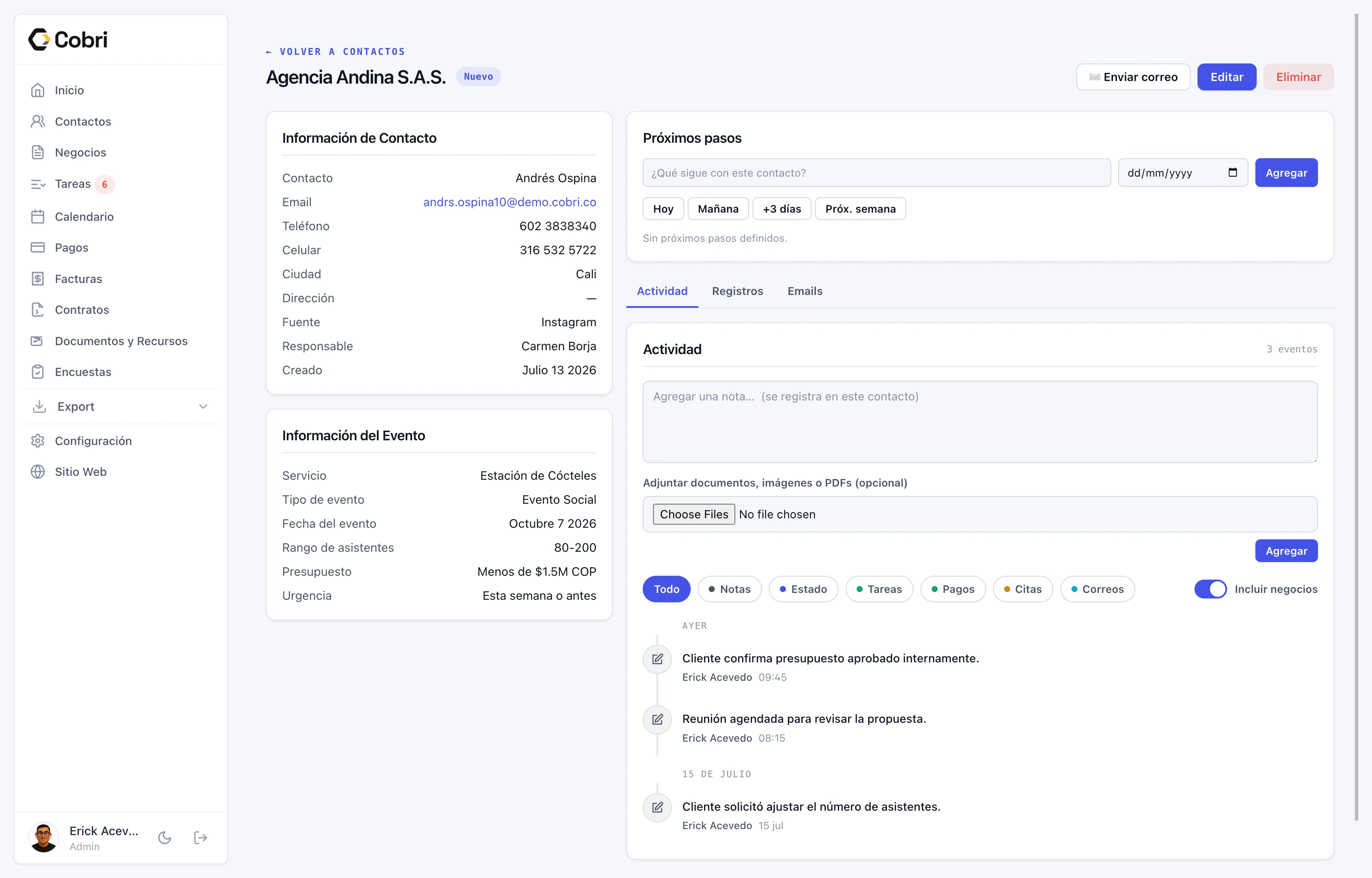 Perfil de contacto en Cobri con información comercial e historial.