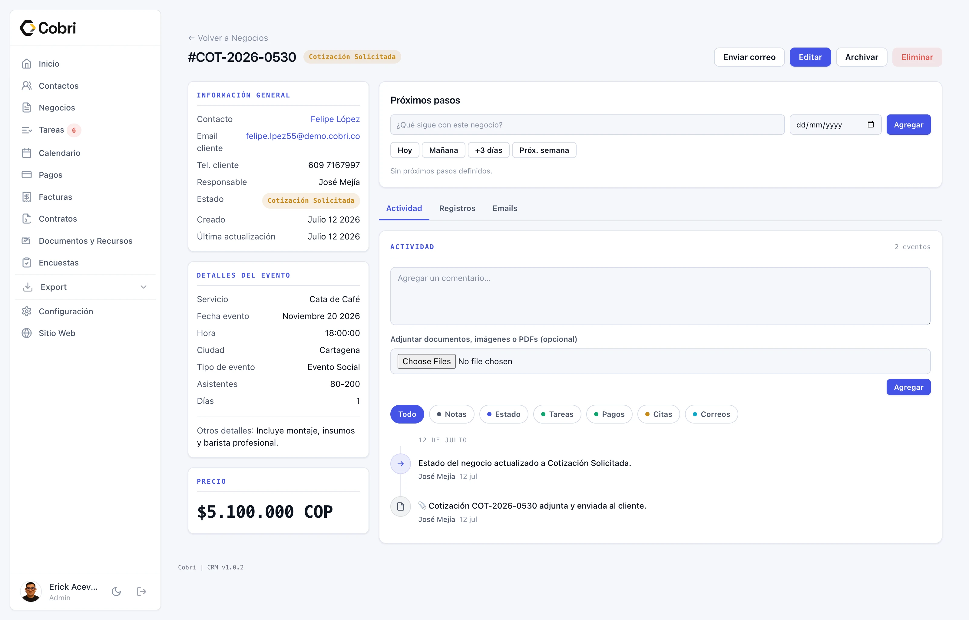 Ficha de un negocio dentro de Cobri con su información comercial y actividad.